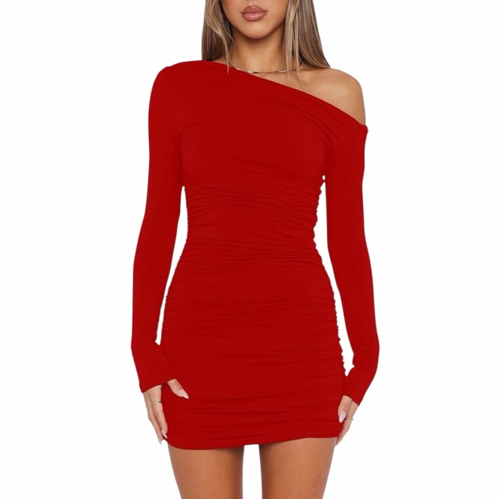 Red Long Sleeve Off The Shoulder Cocktail Mini Dress - Picture 2 of 6